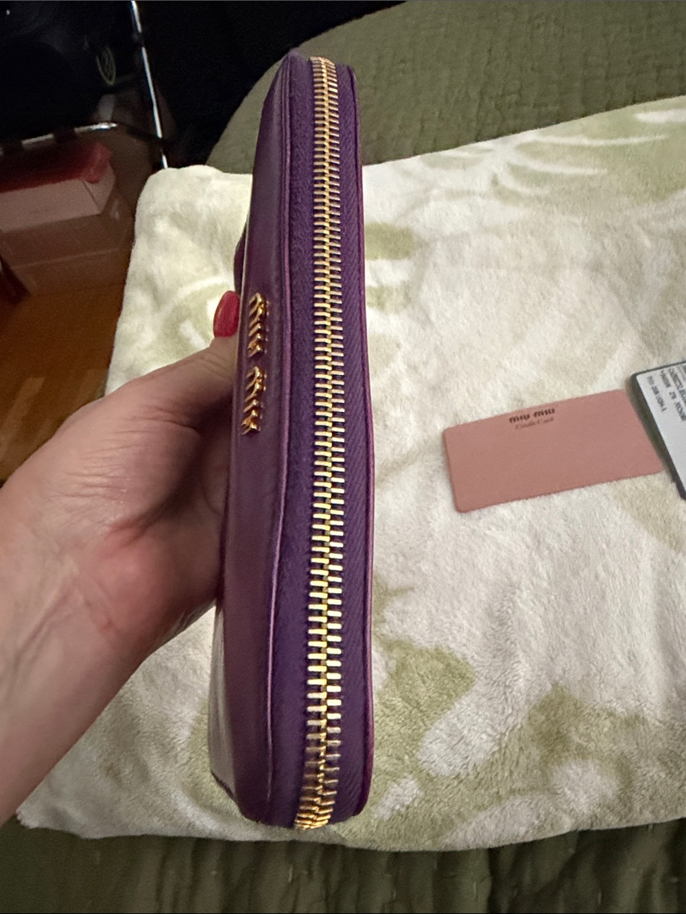 Miu Miu Violet Leather Zip Wallet with Gold Logo authenticity card included - Picture 8 of 11